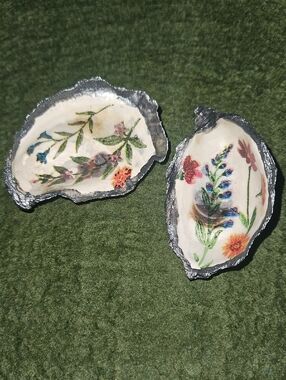 Hand Painted Silver  Decopaged Oyster Shell Trinket Dishes Floral Design